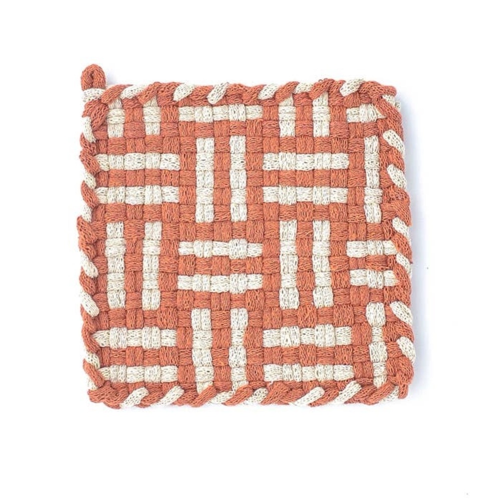NWT handmade woven 100% cotton geometric potholder or trivet orange